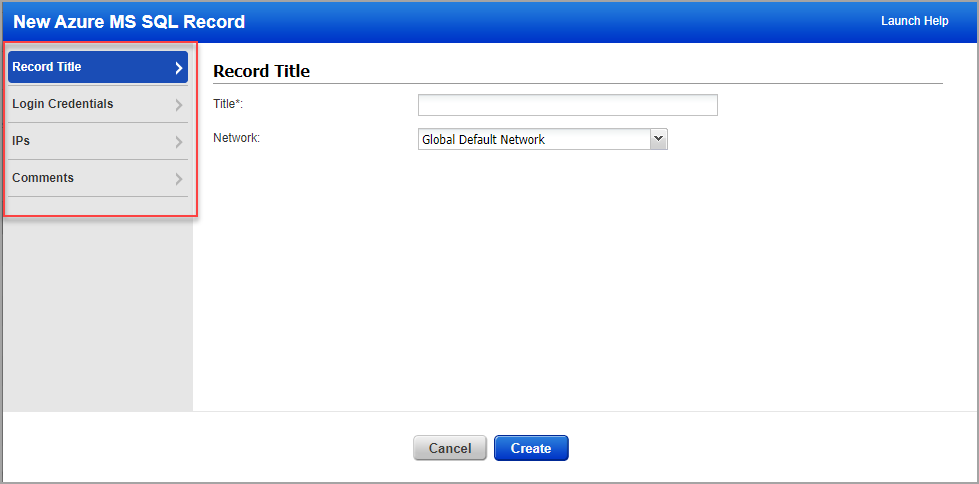 New Azure MS SQL Record