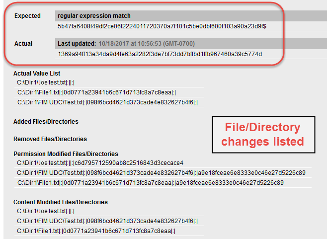 Sample report with Directory Integrity Check - Expected and Actual values do not match (Fail)