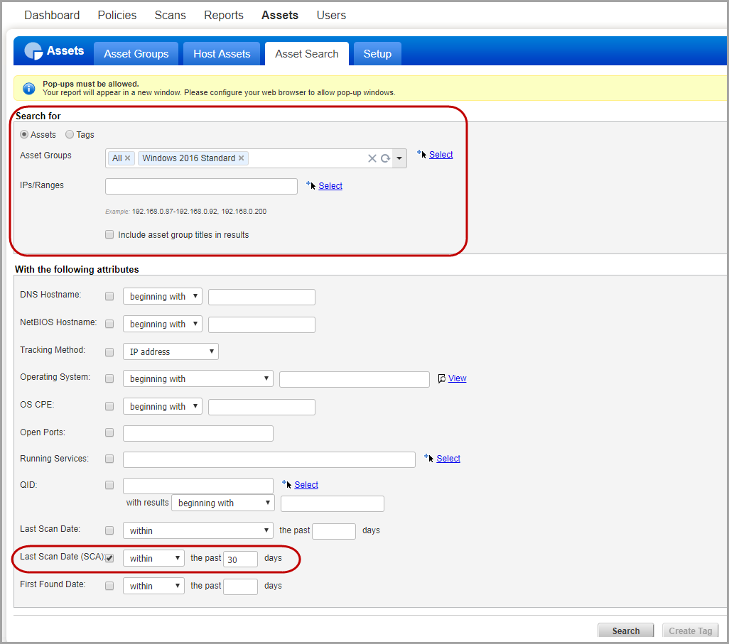 Asset Search option for finding SCA assets