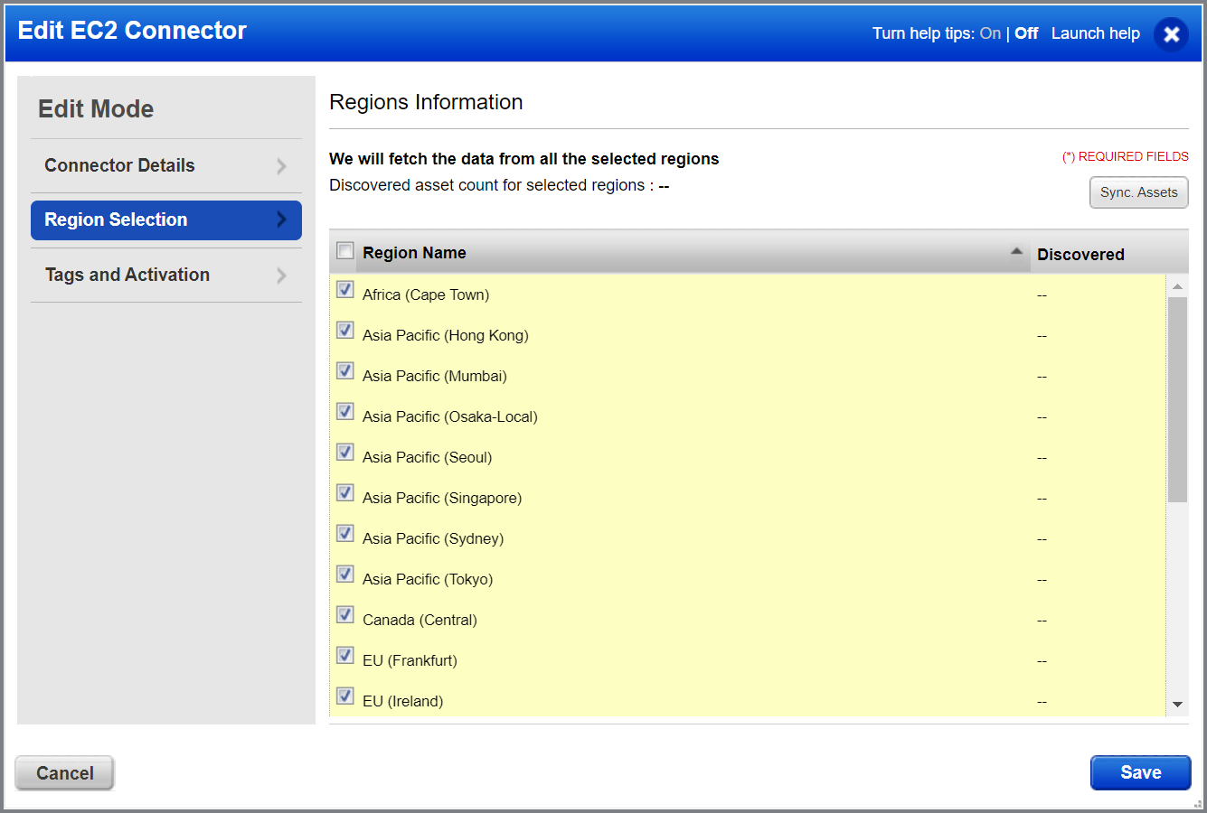 Select EC2 Regions in Create EC2 Connector wizard